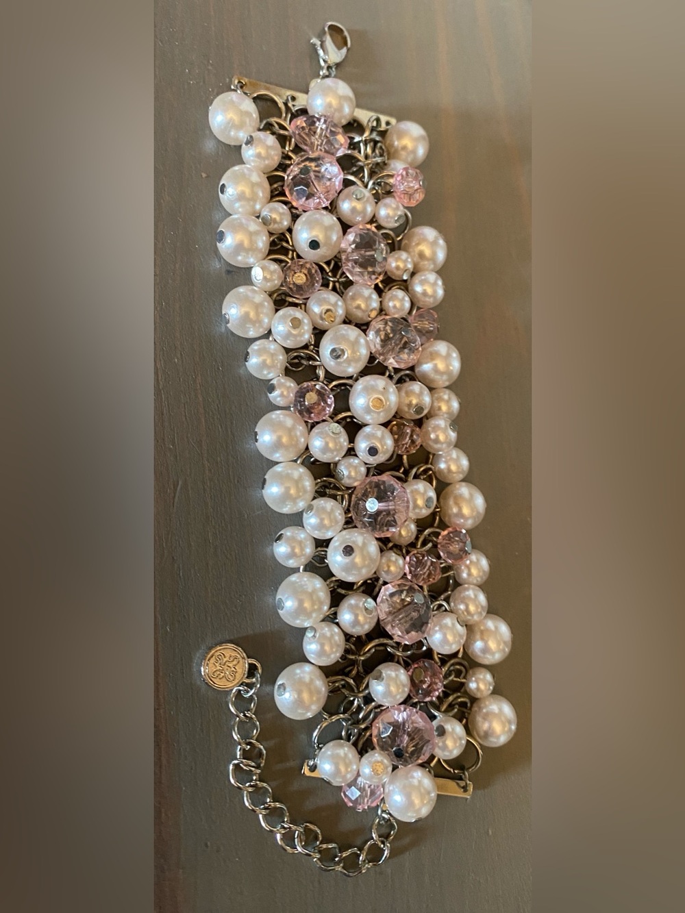 Vera Wang Pearl and Pink Crystal Cluster Bracelet